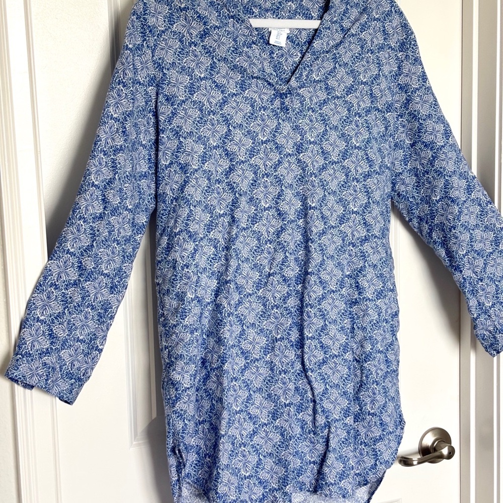 Sigrid Olsen 100% Linen Blue White Tunic Dress Long Sleeve Coastal Boho S